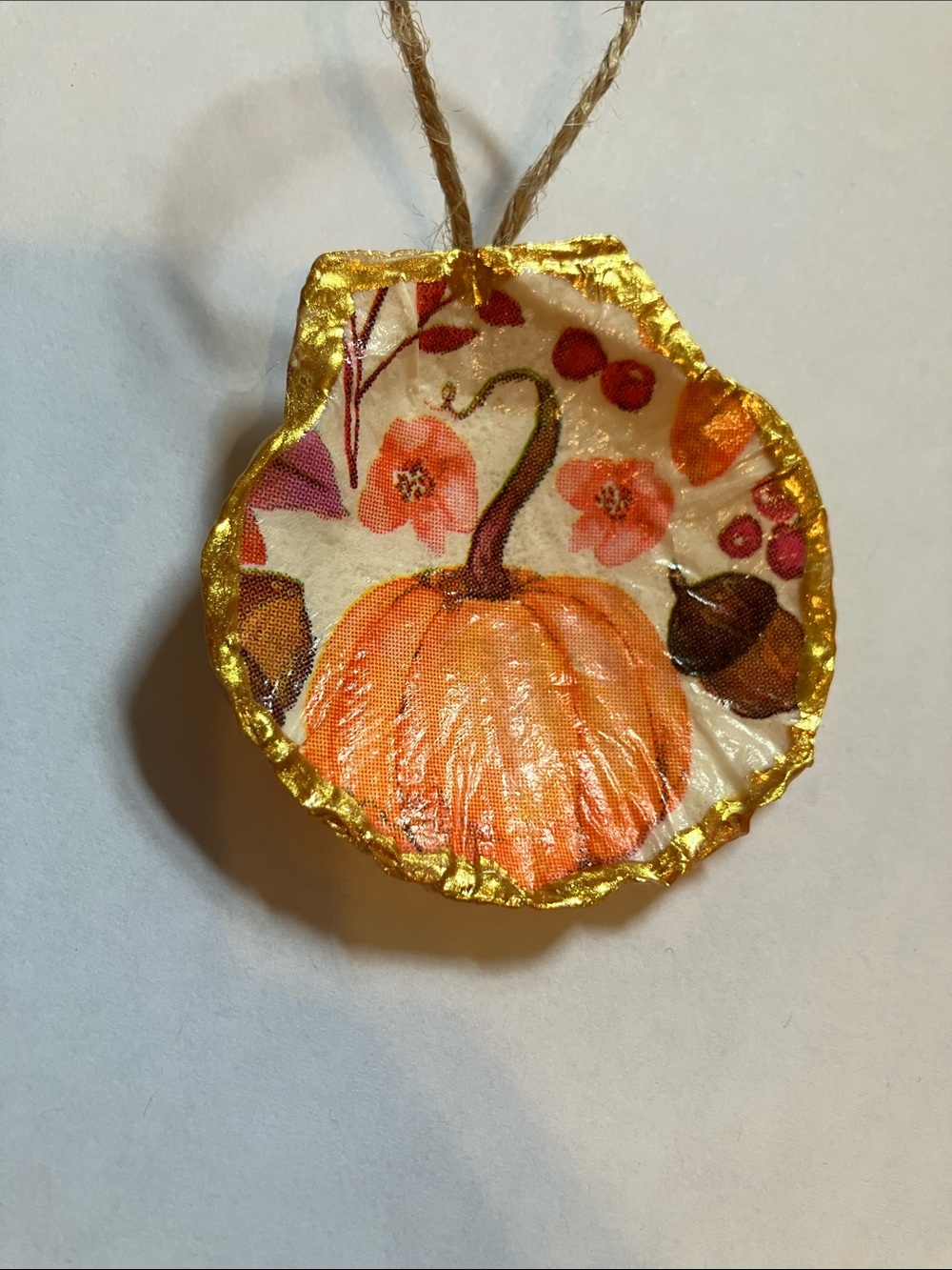 Pumpkin Harvest Handcrafted Seashell Ornament Decoupage 3 inch